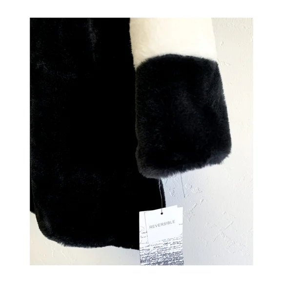 Kensie Black Faux Fur Teddy Coat with White Sleeve Bands - Picture 3 of 6